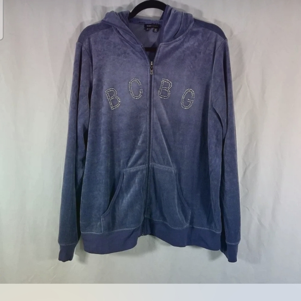 BCBG Hoodie Women's 2X Blue Velvet Full Zip Long Sleeve Pockets Hooded